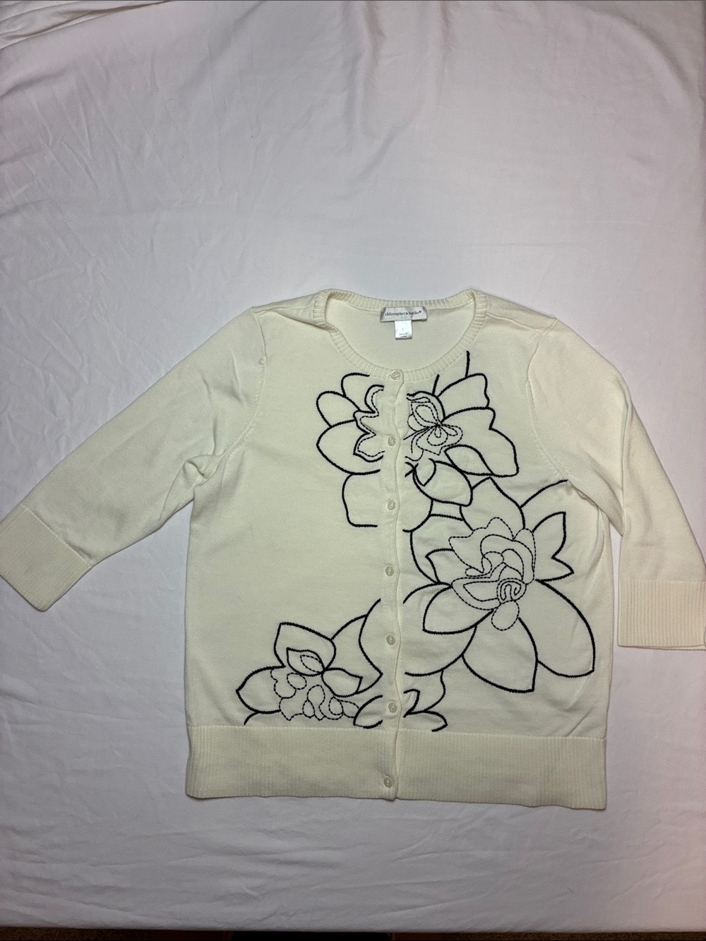 Christopher & Banks Cream Cardigan with Black Floral Outline. Size Large